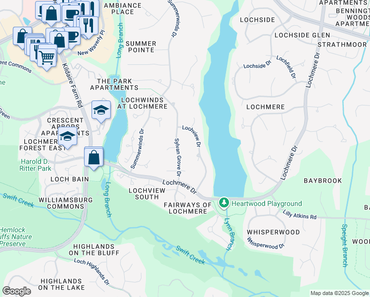 map of restaurants, bars, coffee shops, grocery stores, and more near 207 Sylvan Grove Drive in Cary