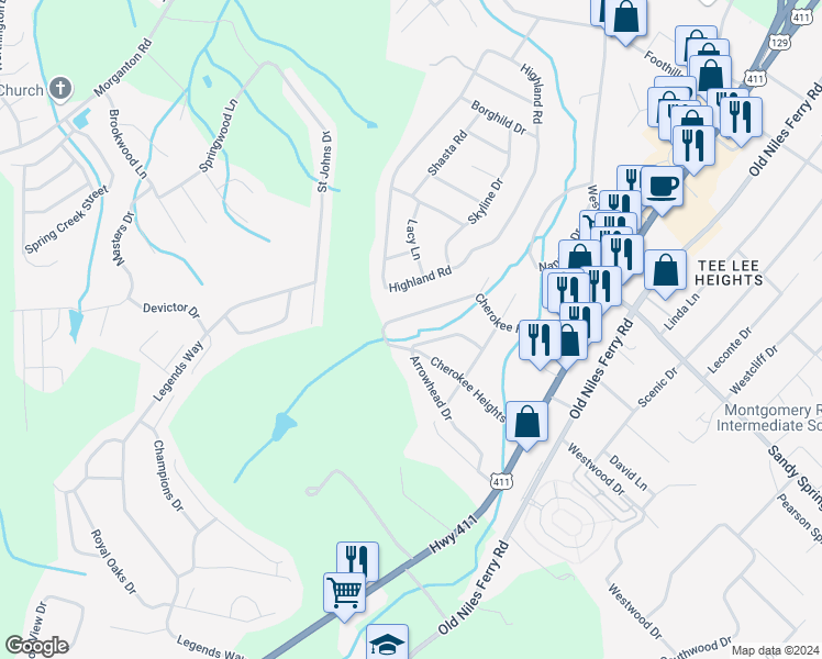map of restaurants, bars, coffee shops, grocery stores, and more near 440 Cherokee Heights Drive in Maryville