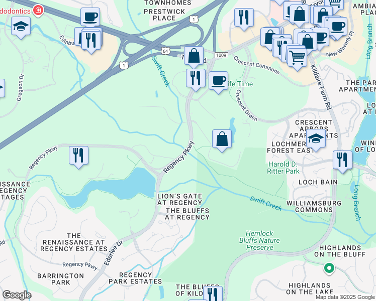 map of restaurants, bars, coffee shops, grocery stores, and more near 2900 Regency Parkway in Cary
