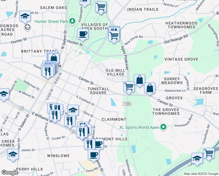 map of restaurants, bars, coffee shops, grocery stores, and more near 301 Center Heights Court in Apex