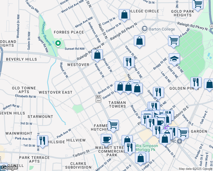 map of restaurants, bars, coffee shops, grocery stores, and more near 703 Kenan Street West in Wilson