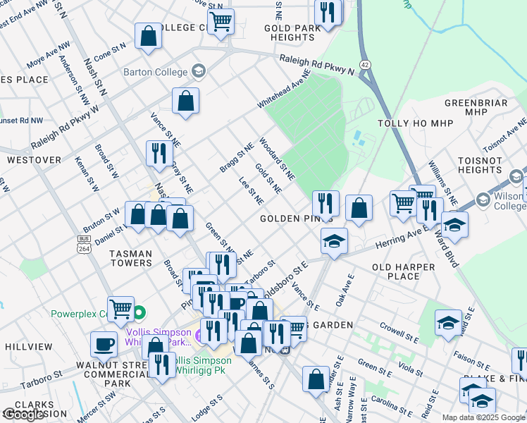 map of restaurants, bars, coffee shops, grocery stores, and more near 310 Maplewood Avenue Northeast in Wilson