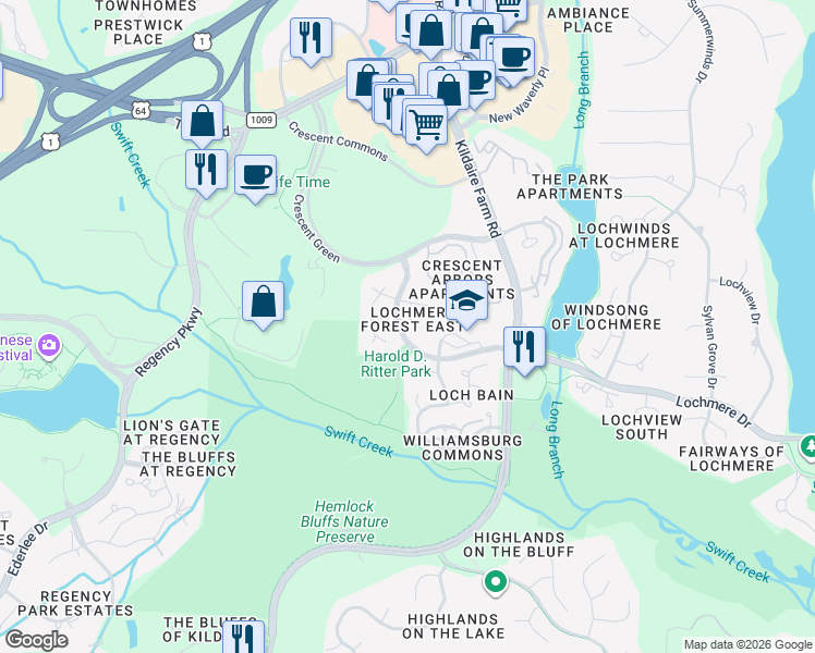 map of restaurants, bars, coffee shops, grocery stores, and more near 106 Musgrove Circle in Cary