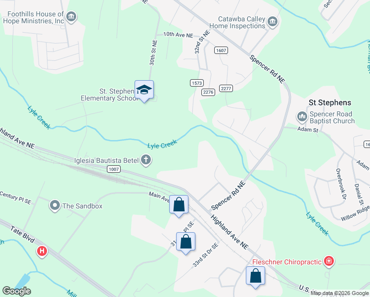 map of restaurants, bars, coffee shops, grocery stores, and more near 3165 Highland Avenue Northeast in Hickory