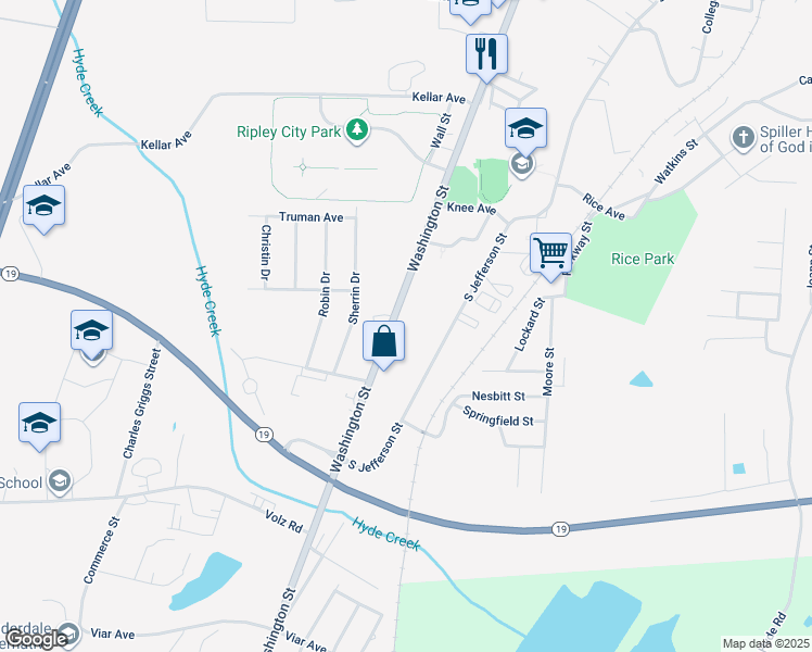 map of restaurants, bars, coffee shops, grocery stores, and more near 368 South Jefferson Street in Ripley