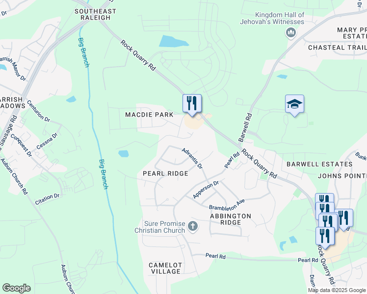 map of restaurants, bars, coffee shops, grocery stores, and more near 5421 Advantis Drive in Raleigh