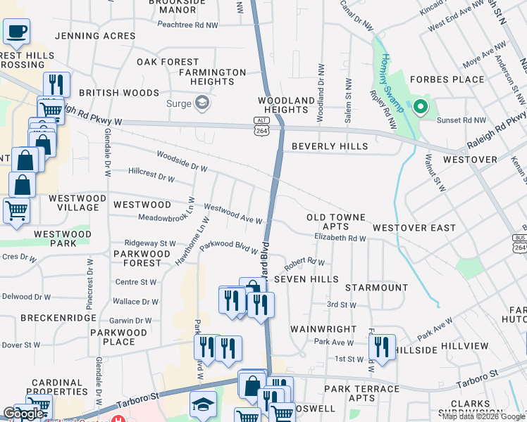 map of restaurants, bars, coffee shops, grocery stores, and more near 603 Sunnyside Lane West in Wilson