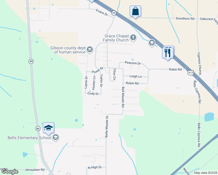 map of restaurants, bars, coffee shops, grocery stores, and more near 82 West Tracy Street in Bells