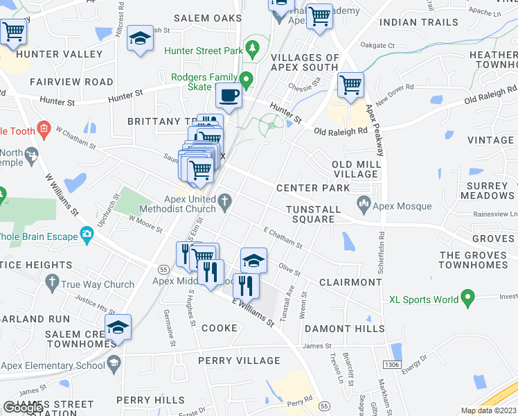 map of restaurants, bars, coffee shops, grocery stores, and more near 314 Culvert Street in Apex