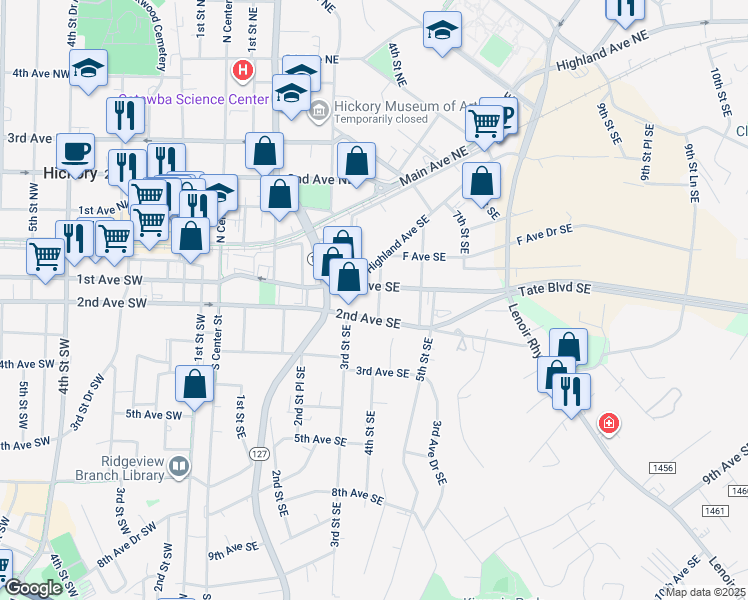 map of restaurants, bars, coffee shops, grocery stores, and more near 116 4th Street Southeast in Hickory