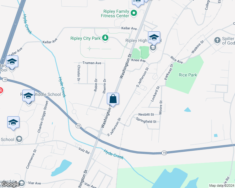 map of restaurants, bars, coffee shops, grocery stores, and more near 442 Washington Street in Ripley