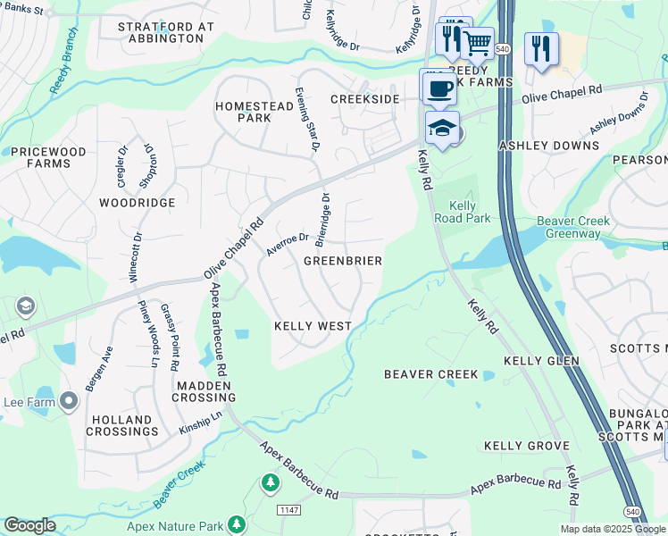 map of restaurants, bars, coffee shops, grocery stores, and more near 102 Fallon Court in Apex