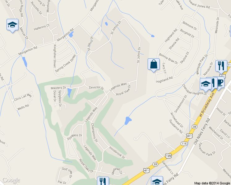 map of restaurants, bars, coffee shops, grocery stores, and more near 811 Royal View Drive in Maryville
