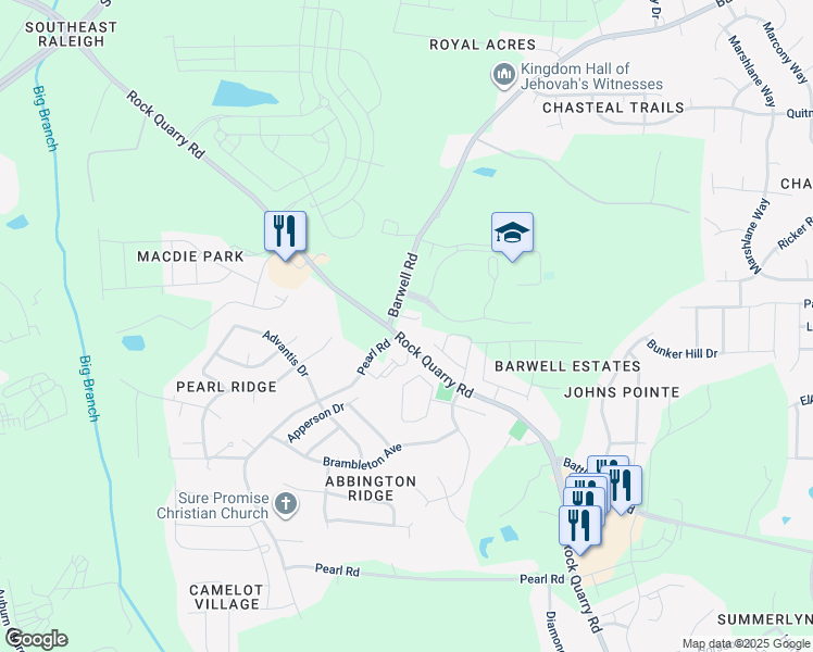 map of restaurants, bars, coffee shops, grocery stores, and more near 4013 Barwell Road in Raleigh
