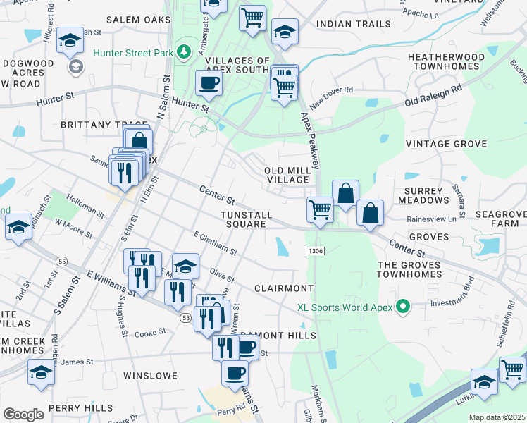 map of restaurants, bars, coffee shops, grocery stores, and more near 301 Center Heights Court in Apex