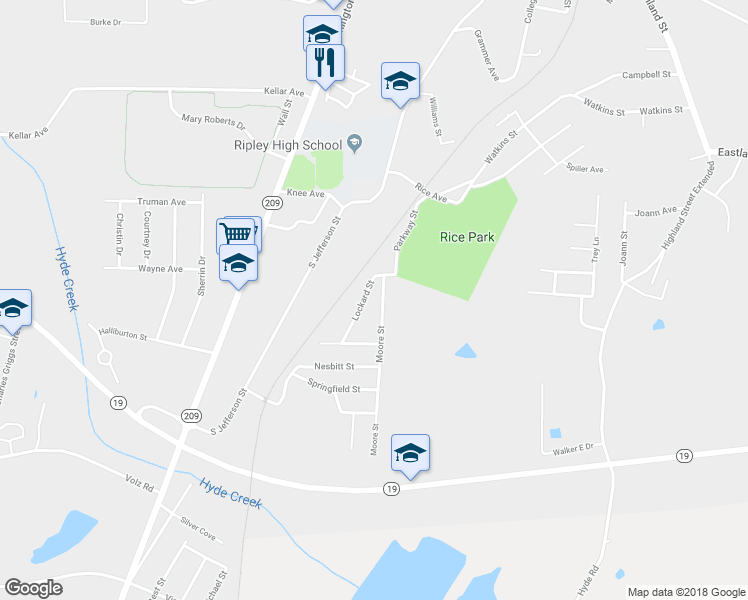 map of restaurants, bars, coffee shops, grocery stores, and more near 342 Moore Street in Ripley