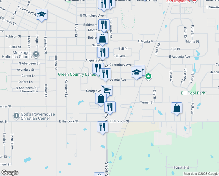 map of restaurants, bars, coffee shops, grocery stores, and more near 2421 Georgia Avenue in Muskogee