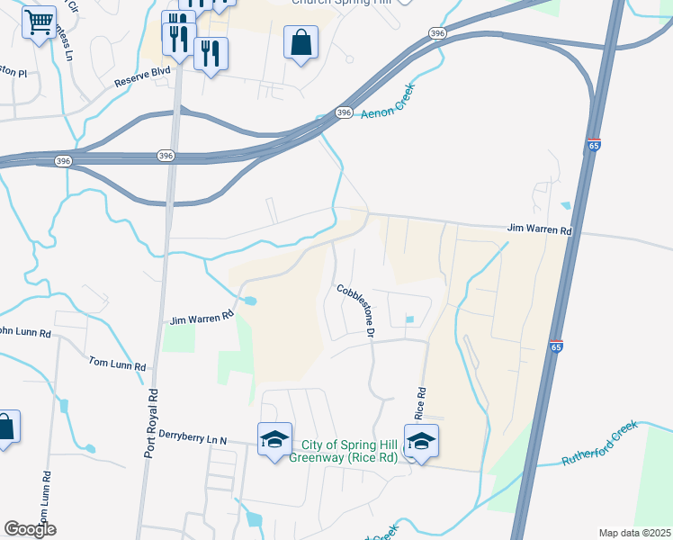 map of restaurants, bars, coffee shops, grocery stores, and more near 1004 Timber Valley Way in Spring Hill