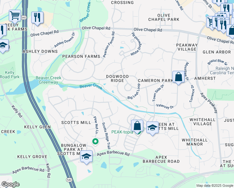 map of restaurants, bars, coffee shops, grocery stores, and more near 1428 Big Leaf Loop in Apex