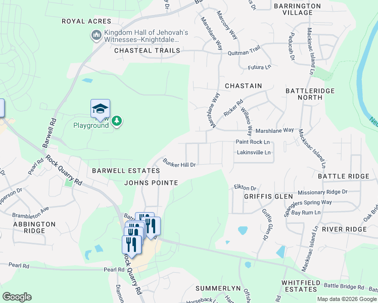 map of restaurants, bars, coffee shops, grocery stores, and more near 3712 Madeline Way in Raleigh