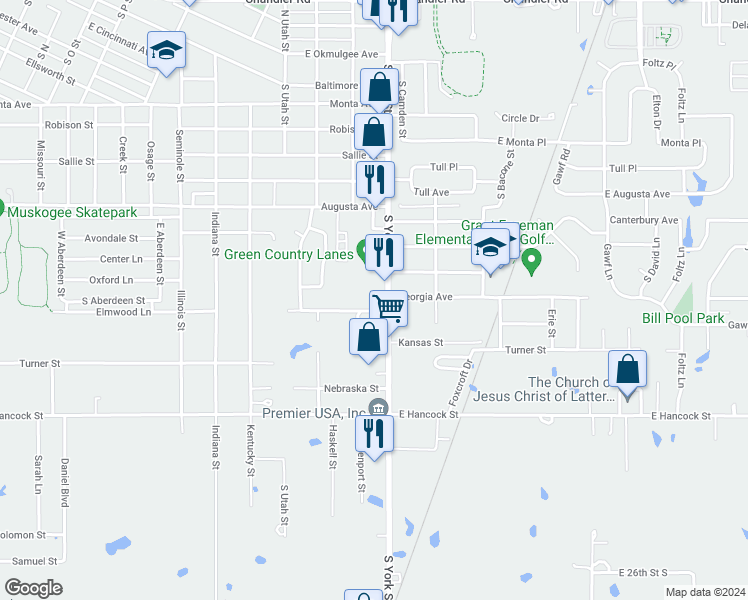 map of restaurants, bars, coffee shops, grocery stores, and more near 454 Georgia Avenue in Muskogee