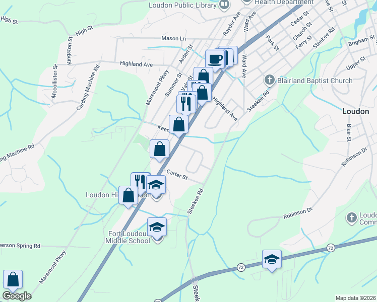 map of restaurants, bars, coffee shops, grocery stores, and more near 1108 Huffland Drive in Loudon