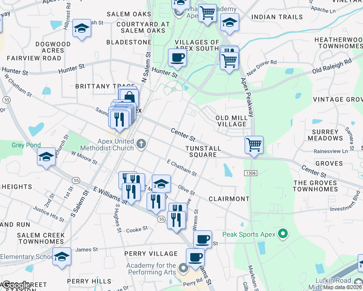 map of restaurants, bars, coffee shops, grocery stores, and more near 409 Culvert Street in Apex