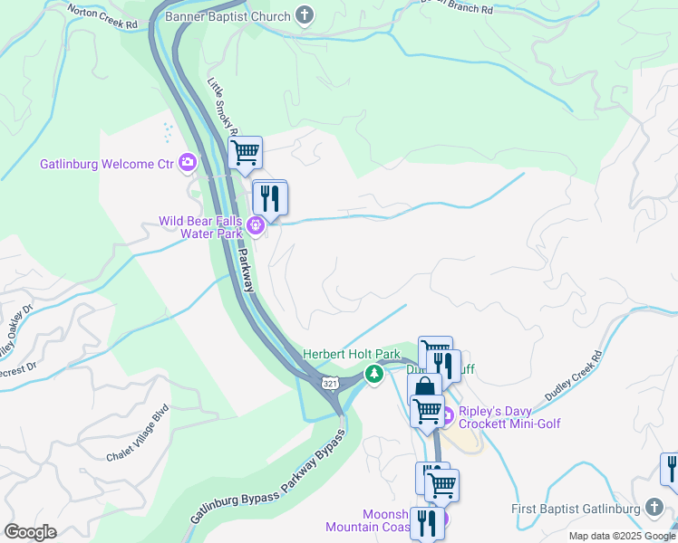 map of restaurants, bars, coffee shops, grocery stores, and more near 915 Westgate Way in Gatlinburg