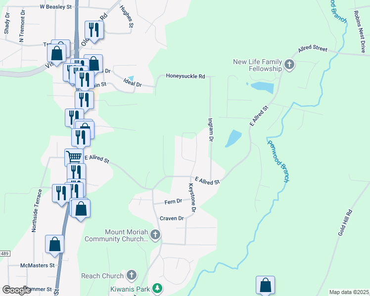 map of restaurants, bars, coffee shops, grocery stores, and more near 1345 Harvest Circle in Asheboro