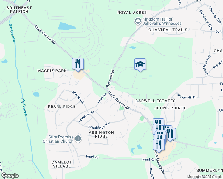 map of restaurants, bars, coffee shops, grocery stores, and more near 4013 Barwell Road in Raleigh