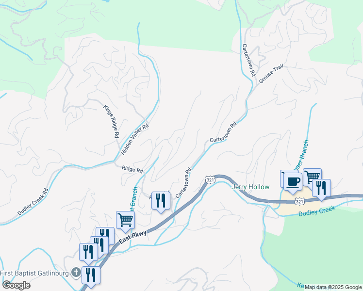 map of restaurants, bars, coffee shops, grocery stores, and more near 742 Park Vista Way in Gatlinburg