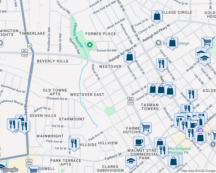 map of restaurants, bars, coffee shops, grocery stores, and more near 411 Rountree Street West in Wilson
