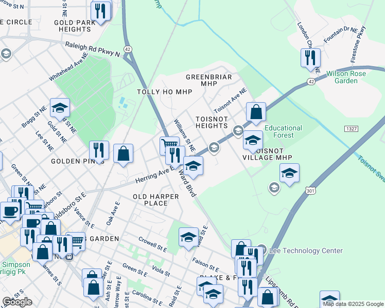 map of restaurants, bars, coffee shops, grocery stores, and more near 717 Herring Avenue East in Wilson