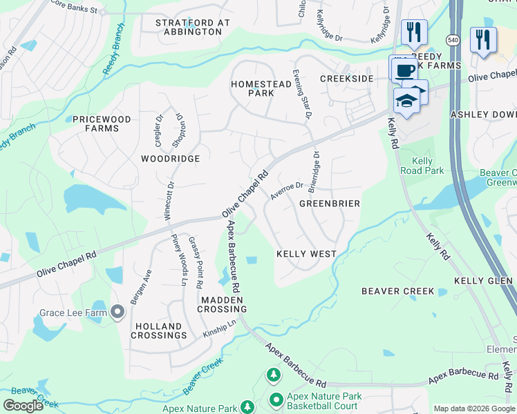 map of restaurants, bars, coffee shops, grocery stores, and more near 206 Kelly West Drive in Apex