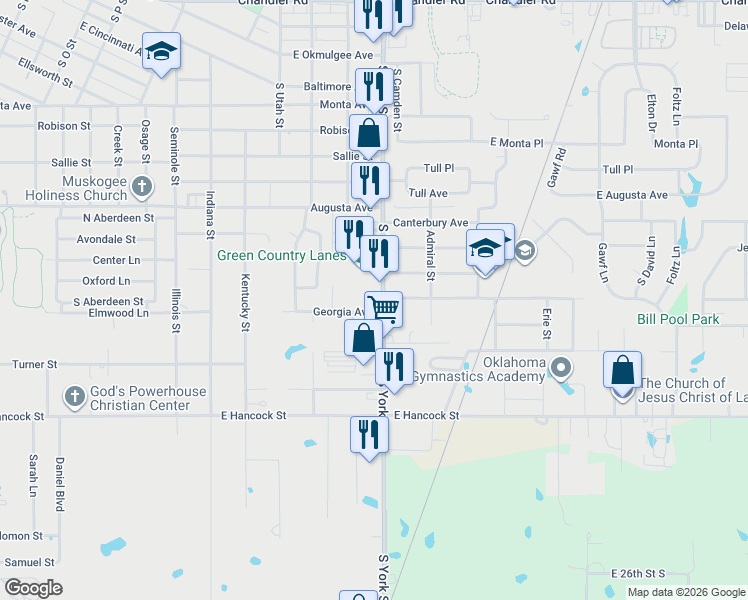 map of restaurants, bars, coffee shops, grocery stores, and more near 827 South York Street in Muskogee