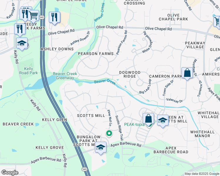 map of restaurants, bars, coffee shops, grocery stores, and more near 416 Timber Cut Lane in Apex