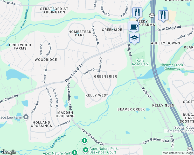 map of restaurants, bars, coffee shops, grocery stores, and more near 203 Chapel Valley Lane in Apex