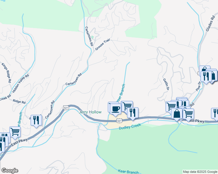 map of restaurants, bars, coffee shops, grocery stores, and more near 509 Gatlin Drive in Gatlinburg