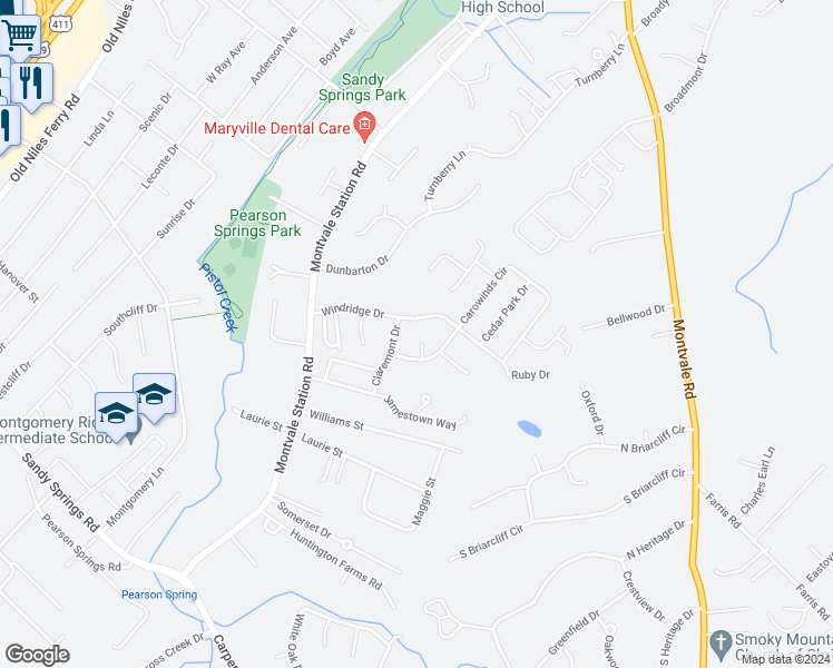 map of restaurants, bars, coffee shops, grocery stores, and more near 1521 Windtree Place in Maryville