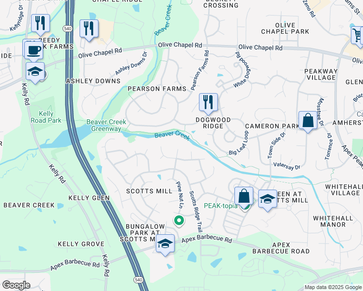 map of restaurants, bars, coffee shops, grocery stores, and more near 416 Timber Cut Lane in Apex