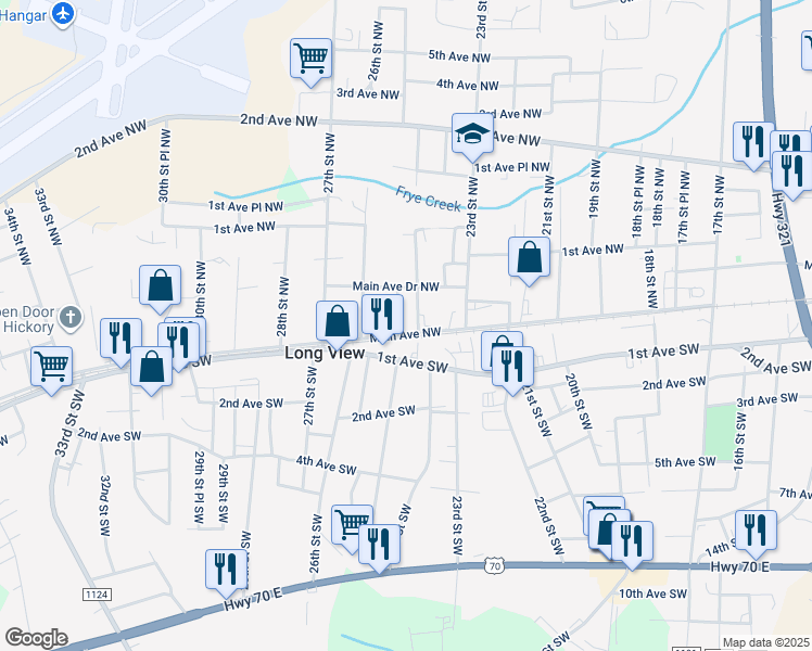 map of restaurants, bars, coffee shops, grocery stores, and more near Main Avenue Northwest in Hickory