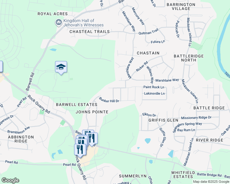 map of restaurants, bars, coffee shops, grocery stores, and more near 3709 Amistad Lane in Raleigh