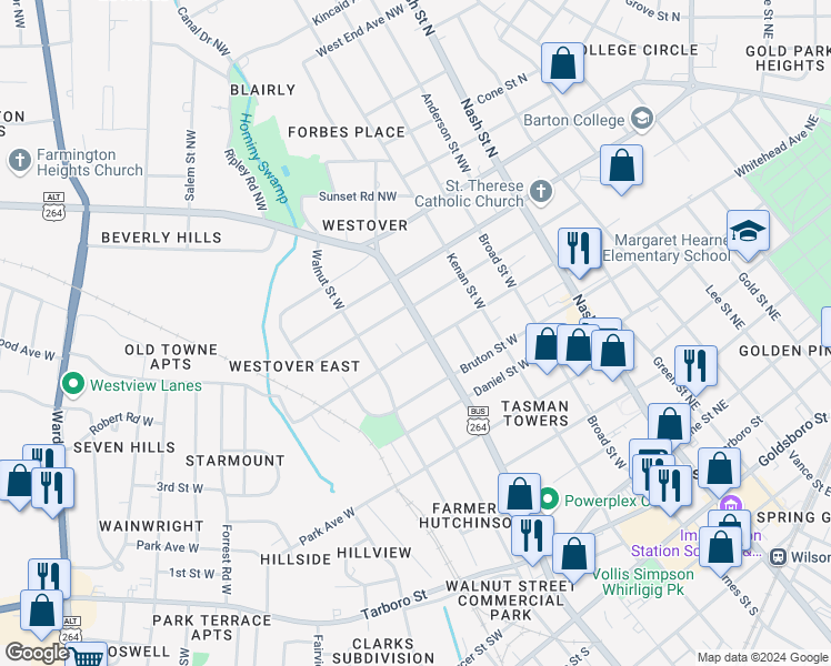 map of restaurants, bars, coffee shops, grocery stores, and more near 402 Warren Street West in Wilson