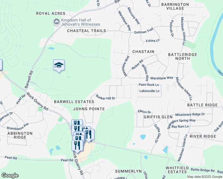 map of restaurants, bars, coffee shops, grocery stores, and more near 3709 Amistad Lane in Raleigh