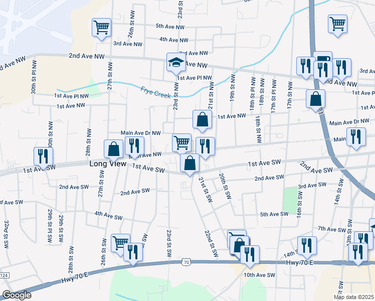 map of restaurants, bars, coffee shops, grocery stores, and more near 2201-2299 Main Avenue Place Northwest in Hickory