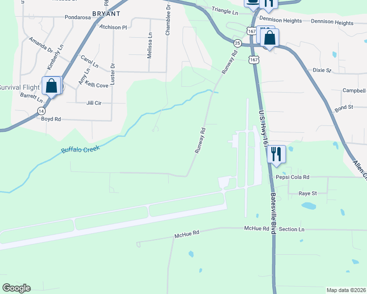 map of restaurants, bars, coffee shops, grocery stores, and more near 495 Runway Road in Batesville