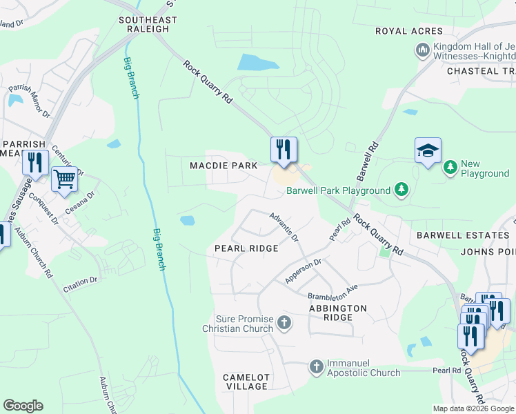 map of restaurants, bars, coffee shops, grocery stores, and more near 4004 Mindspring Drive in Raleigh