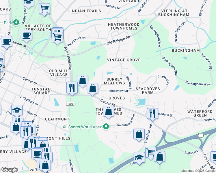 map of restaurants, bars, coffee shops, grocery stores, and more near 406 Vintage Grove Lane in Apex