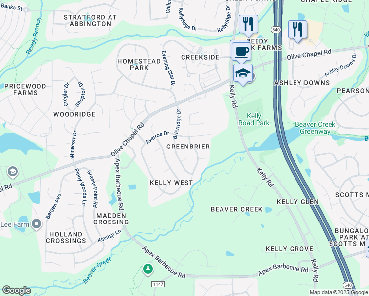 map of restaurants, bars, coffee shops, grocery stores, and more near 104 Fallon Court in Apex