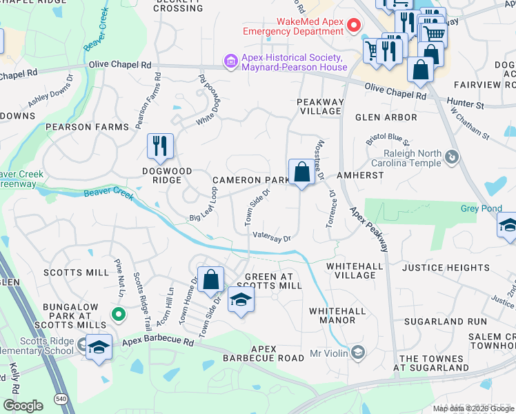 map of restaurants, bars, coffee shops, grocery stores, and more near 108 Menteith Court in Apex